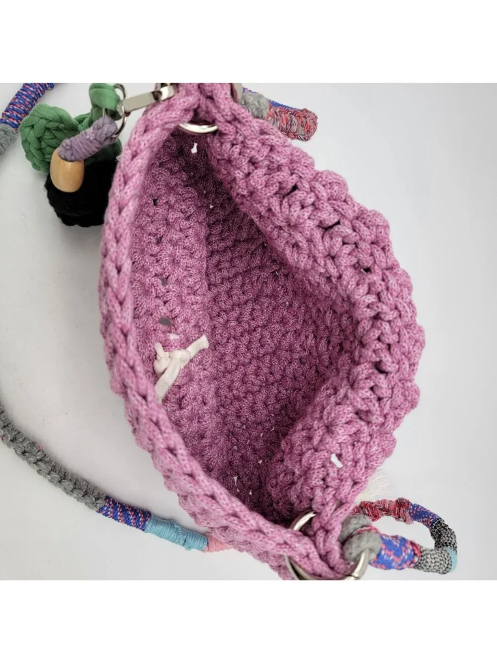 Handcrafted Shooci Crocheted Pink Shoulder Bag w/Yarn Wrap Strap & Tassel Accent - Picture 5 of 10